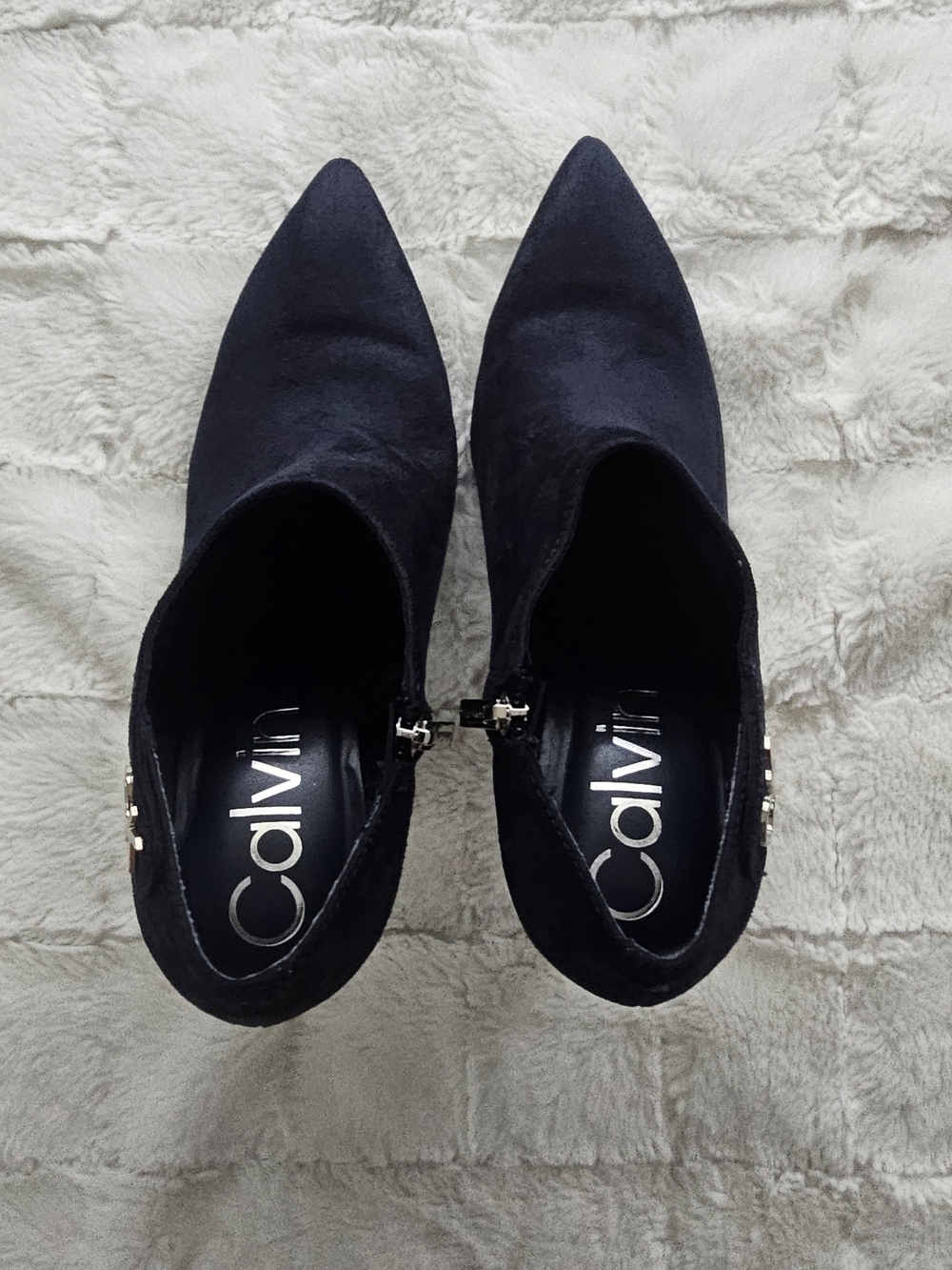Calvin Klein Navy Pointed Toe Ankle Booties with Side Buckle